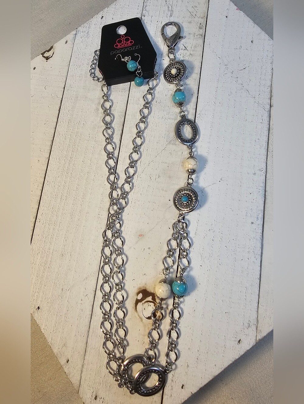 Paparazzi Silver-Tone Lanyard Necklace with Turquoise and Cream Beads